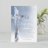 Erste Heilige Kommunion blaues Kreuz Folieneinladung (Stehend vorne)
