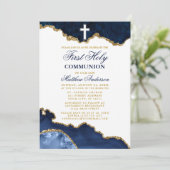 Erste heilige Kommunion Blue Gold Marble Geode Einladung (Stehend Vorderseite)