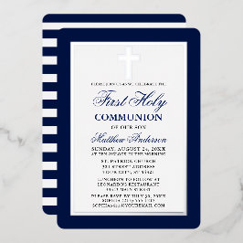 Erste heilige Kommunion Blue Stripes Silberrahmen Folieneinladung