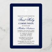 Erste heilige Kommunion Blue Stripes Silberrahmen Folieneinladung (Vorderseite)