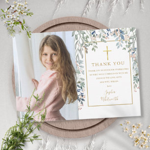 Erste Heilige Kommunion Blumenfoliage-Foto Dankeskarte