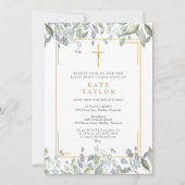 Erste Heilige Kommunion Blumengrün Gold Cross Einladung (Vorderseite)