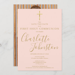 Erste heilige Kommunion Blush Pink Gold Script Fot Save The Date