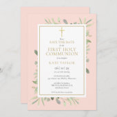 Erste Heilige Kommunion Blush Pink Grüne Save The Date (Vorne/Hinten)