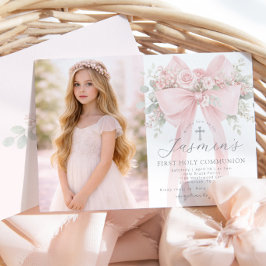 Erste heilige Kommunion Blush Pink Schleife Foto Einladung