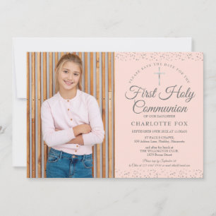 Erste heilige Kommunion Blush Pink Stardust Foto Save The Date