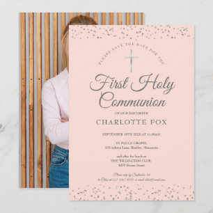 Erste heilige Kommunion Blush Pink Stardust Foto Save The Date