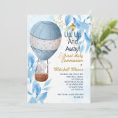 Erste heilige Kommunion Boy Hot Air Ballon Elephan Einladung (Stehend Vorderseite)