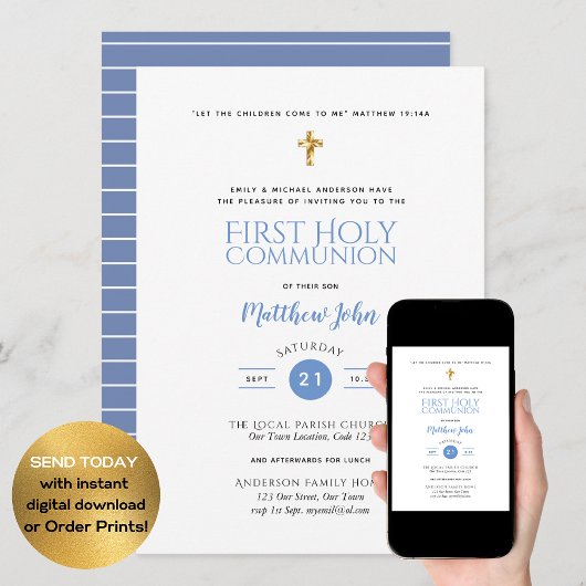 Erste Heilige Kommunion BOYS blaue Einladungen