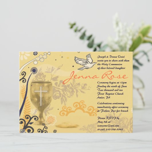 Erste Heilige Kommunion Chalice Dove Einladung Gol (Stehend Vorderseite)
