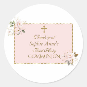Erste heilige Kommunion Charm Blush Pink Floral Go Runder Aufkleber