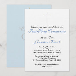 Erste Heilige Kommunion Cross Son Blue Gray Einladung