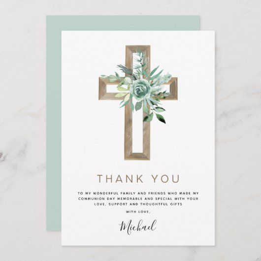 Erste heilige Kommunion Danke Greenery Sage Einladung (Vorne/Hinten)