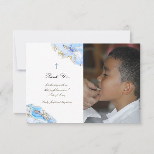 Erste Heilige Kommunion danke Ihnen blauen Tintenm Einladung (Vorderseite)