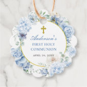 Erste Heilige Kommunion Dusty Blue Floral Geschenkanhänger (Vorderseite)