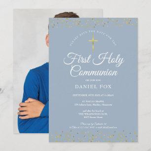 Erste heilige Kommunion Dusty Blue Goldstaub Foto Save The Date