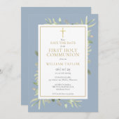 Erste Heilige Kommunion Dusty Blue Greenery Save The Date (Vorne/Hinten)