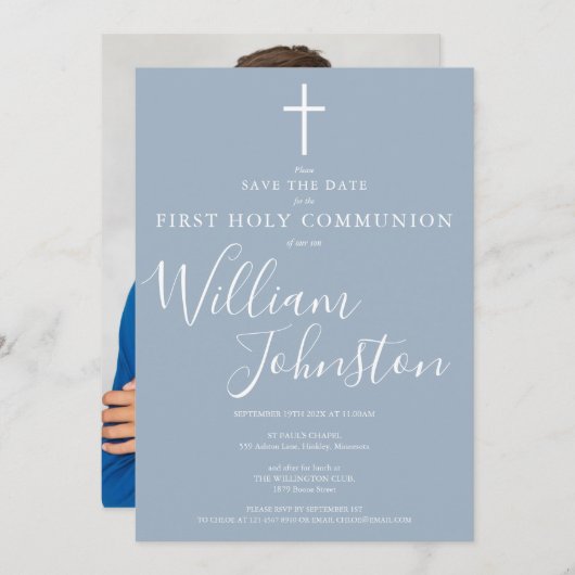 Erste Heilige Kommunion Dusty Blue Script Foto Save The Date (Vorne/Hinten)