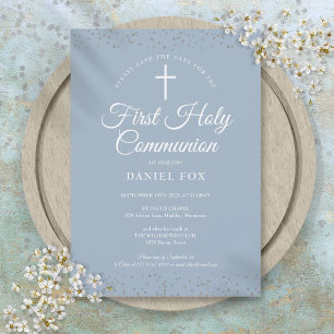 Erste heilige Kommunion Dusty Blue Silber Stardust Save The Date