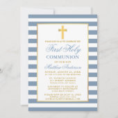 Erste heilige Kommunion Dusty Blue Striped Gold Einladung (Vorderseite)