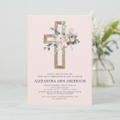 Erste Heilige Kommunion Dusty Pink Rose Grüne Einladung (Stehend Vorderseite)