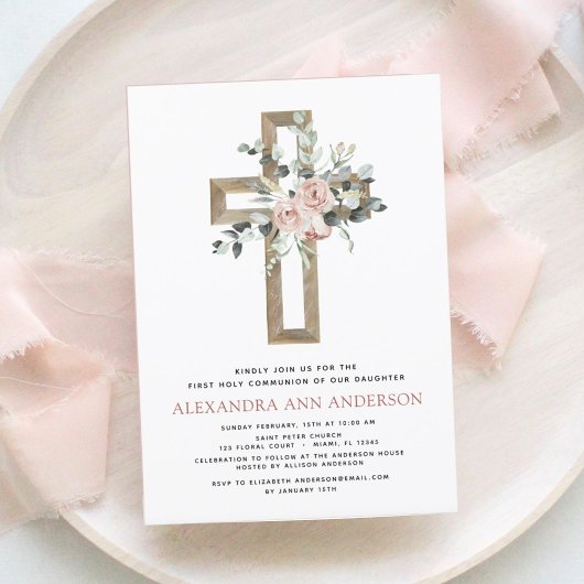 Erste Heilige Kommunion Dusty Pink Rose Grüne Einladung