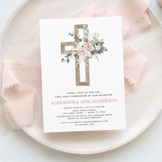 Erste Heilige Kommunion Dusty Pink Rose Grüne Einladung