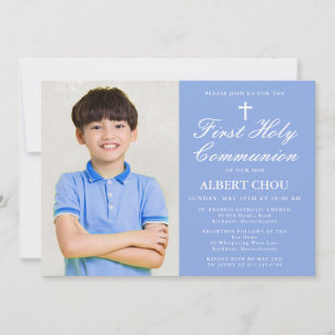 Erste Heilige Kommunion Ein-Foto Junge Blau Weiß Einladung