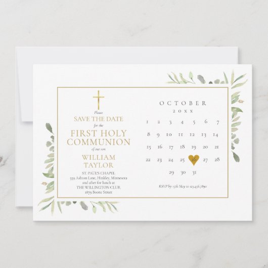 Erste Heilige Kommunion Elegant Grüne Save The Date (Vorderseite)