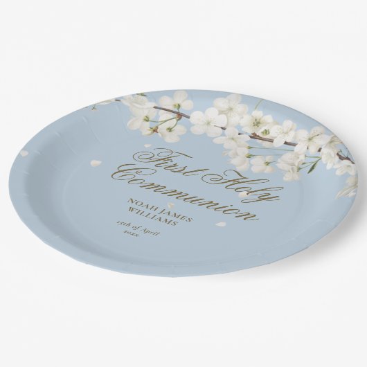 Erste Heilige Kommunion Elegant Weißes Blossom Bla Pappteller (Schrägansicht)