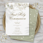 Erste Heilige Kommunion Elegant Weißes Blossom Flo Save The Date<br><div class="desc">Eine elegante erste,  heilige Kommunion Save the Date Karte mit zarten weißen Blüten,  die Ihre ersten heiligen Kommuniondetails in eleganter Goldtypografie umrahmen. Entwickelt von Thisisnotme©</div>