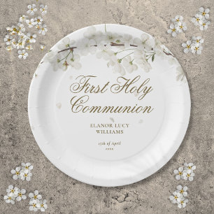 Erste heilige Kommunion Elegante Weiße Blüten Flor Pappteller