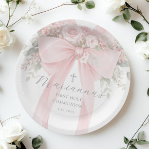 Erste heilige Kommunion Eleganter floraler blassro Pappteller