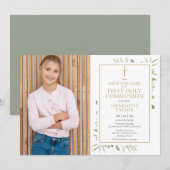 Erste Heilige Kommunion Elegantes Grünes Foto Save The Date (Vorne/Hinten)