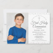 Erste Heilige Kommunion Elegantes Silberes Foto Save The Date (Vorderseite)