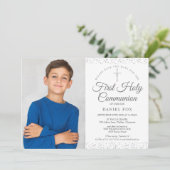 Erste Heilige Kommunion Elegantes Silberes Foto Save The Date (Stehend Vorderseite)