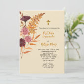 Erste Heilige Kommunion Fall Boho Rustische Blume Einladung (Stehend Vorderseite)