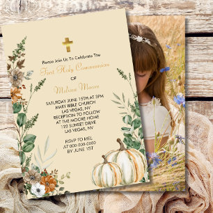 Erste Heilige Kommunion Fall Rustikal Brown Floral Einladung