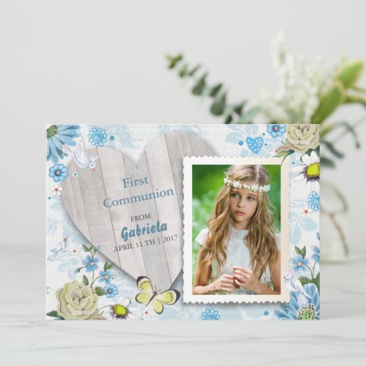 Erste Heilige Kommunion Floral | FOTO Einladung (Stehend Vorderseite)