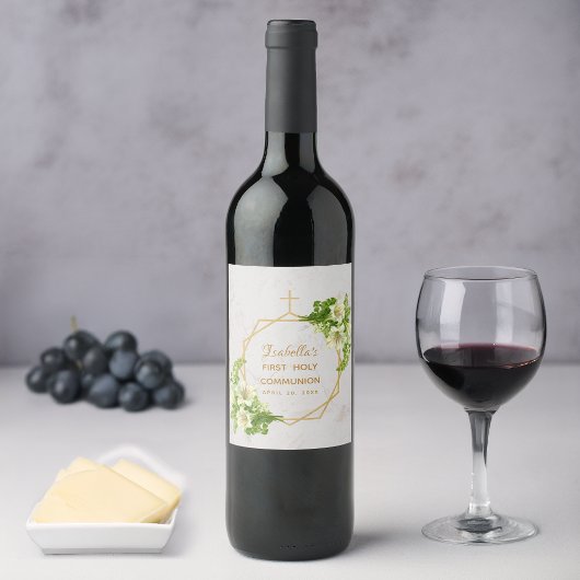 Erste heilige Kommunion Floral Lilies Gold Marmor Weinetikett
