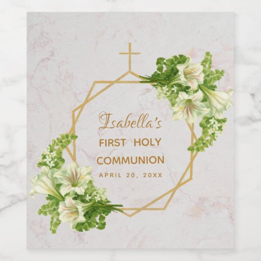 Erste heilige Kommunion Floral Lilies Gold Marmor Weinetikett (Einzelnes Label)