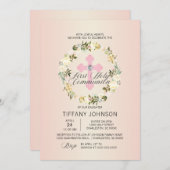 Erste Heilige Kommunion Floral Pink Cross GIRL + P Einladung (Vorne/Hinten)