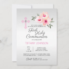 Erste Heilige Kommunion Floral Pink Cross GIRL + P Einladung