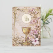 Erste Heilige Kommunion Floral Vintag Einladung (Stehend Vorderseite)