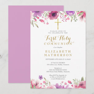 Erste heilige Kommunion Florales goldenes Kreuz Einladung
