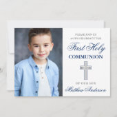 Erste Heilige Kommunion Foto Blau und Silber Einladung (Vorderseite)