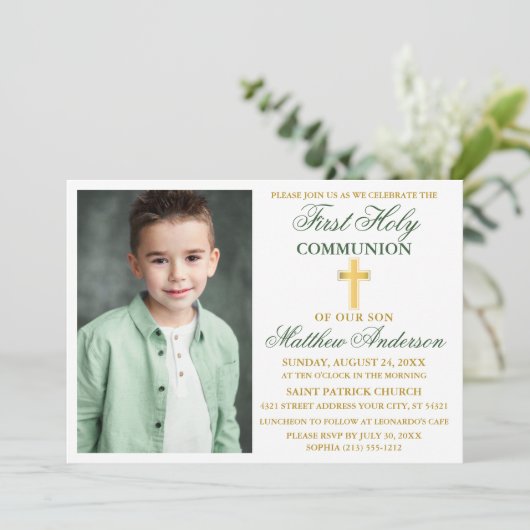 Erste Heilige Kommunion Foto Emerald Green Gold Einladung (Stehend Vorderseite)