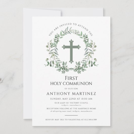 Erste Heilige Kommunion Foto Eukalyptus Wreath Einladung (Vorderseite)