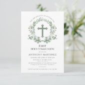 Erste Heilige Kommunion Foto Eukalyptus Wreath Einladung (Stehend Vorderseite)