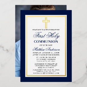 Erste heilige Kommunion Foto Kreuz Gold Blau Folieneinladung